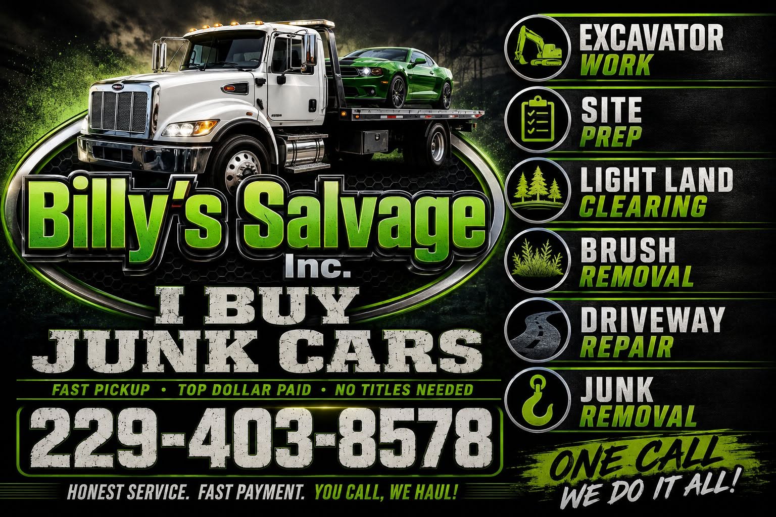 Billy's Salvage promotional graphic showing a tow truck, junk car pickup, outdoor services, and phone number